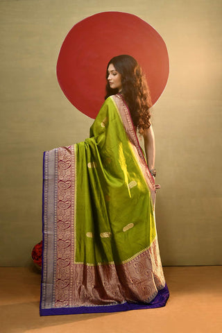 'Arya' Lime Green With a Contrast Pink And Blue On Edge Pure Katan Silk Kadhua Banarasi Handloom Saree