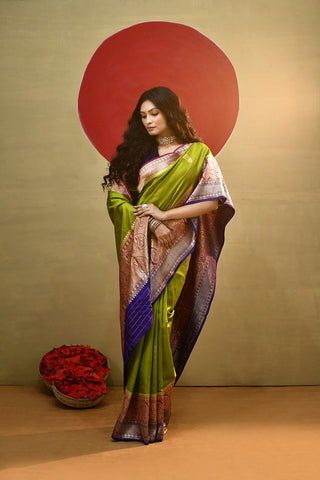 'Arya' Lime Green With a Contrast Pink And Blue On Edge Pure Katan Silk Kadhua Banarasi Handloom Saree