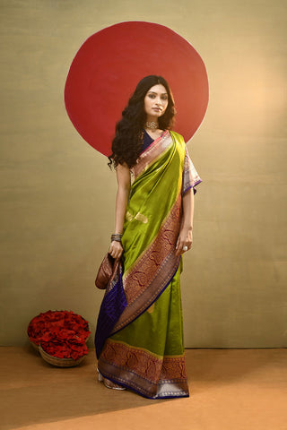 'Arya' Lime Green With a Contrast Pink And Blue On Edge Pure Katan Silk Kadhua Banarasi Handloom Saree