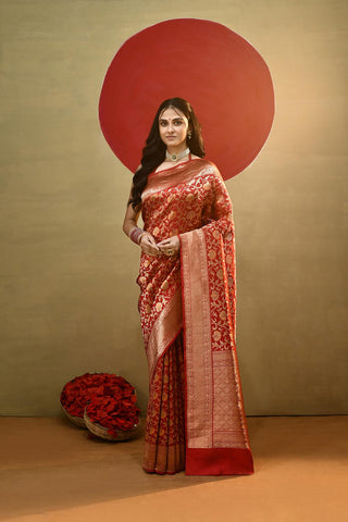 'Vedha' Red Pure Katan silk kadhua meenakari Banarasi Handloom Saree