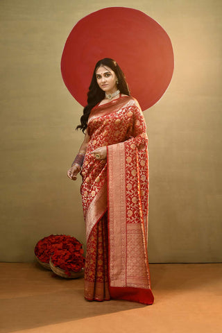 'Vedha' Red Pure Katan silk kadhua meenakari Banarasi Handloom Saree