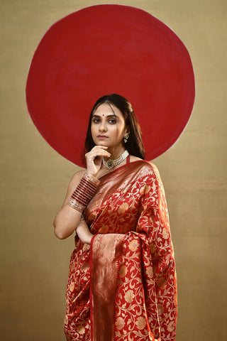 'Vedha' Red Pure Katan silk kadhua meenakari Banarasi Handloom Saree