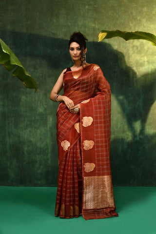 Rust- Brown Pure Kora Organza Banarasi Handloom Saree