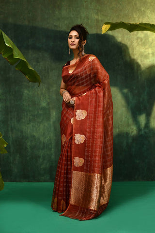 Rust- Brown Pure Kora Organza Banarasi Handloom Saree