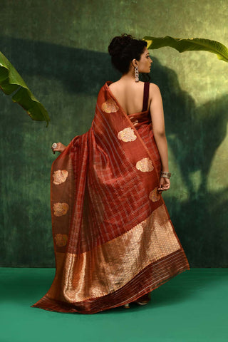 Rust- Brown Pure Kora Organza Banarasi Handloom Saree