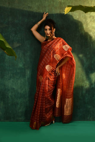 Rust- Brown Pure Kora Organza Banarasi Handloom Saree