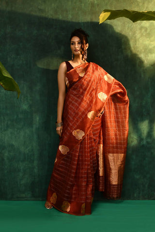 Rust- Brown Pure Kora Organza Banarasi Handloom Saree