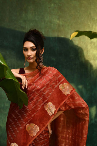 Rust- Brown Pure Kora Organza Banarasi Handloom Saree