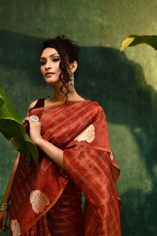 Rust- Brown Pure Kora Organza Banarasi Handloom Saree