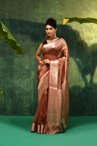 'Pankhuri'  Deep Rose Pink Pure Daimond Iktara Tissue Banarasi Handloom Saree