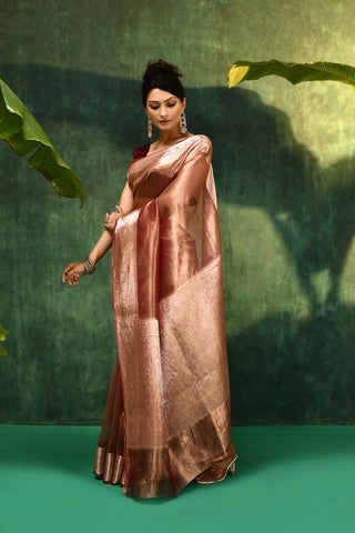 'Pankhuri'  Deep Rose Pink Pure Daimond Iktara Tissue Banarasi Handloom Saree