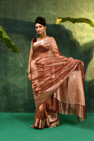 'Pankhuri'  Deep Rose Pink Pure Daimond Iktara Tissue Banarasi Handloom Saree