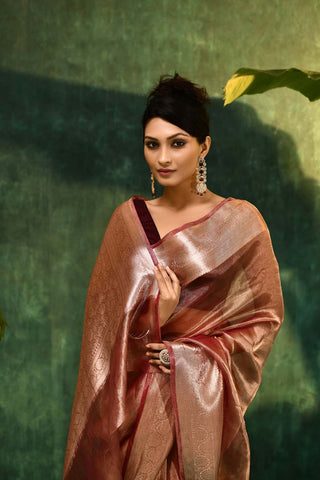 'Pankhuri'  Deep Rose Pink Pure Daimond Iktara Tissue Banarasi Handloom Saree