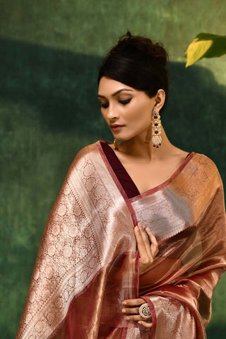 'Pankhuri'  Deep Rose Pink Pure Daimond Iktara Tissue Banarasi Handloom Saree