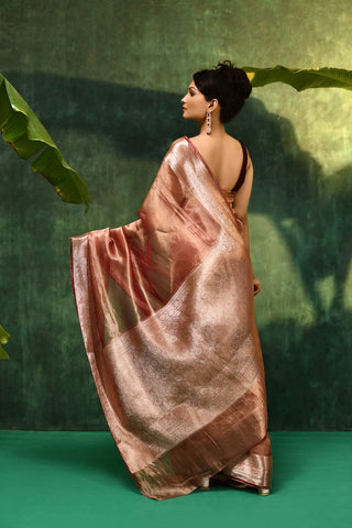 'Pankhuri'  Deep Rose Pink Pure Daimond Iktara Tissue Banarasi Handloom Saree