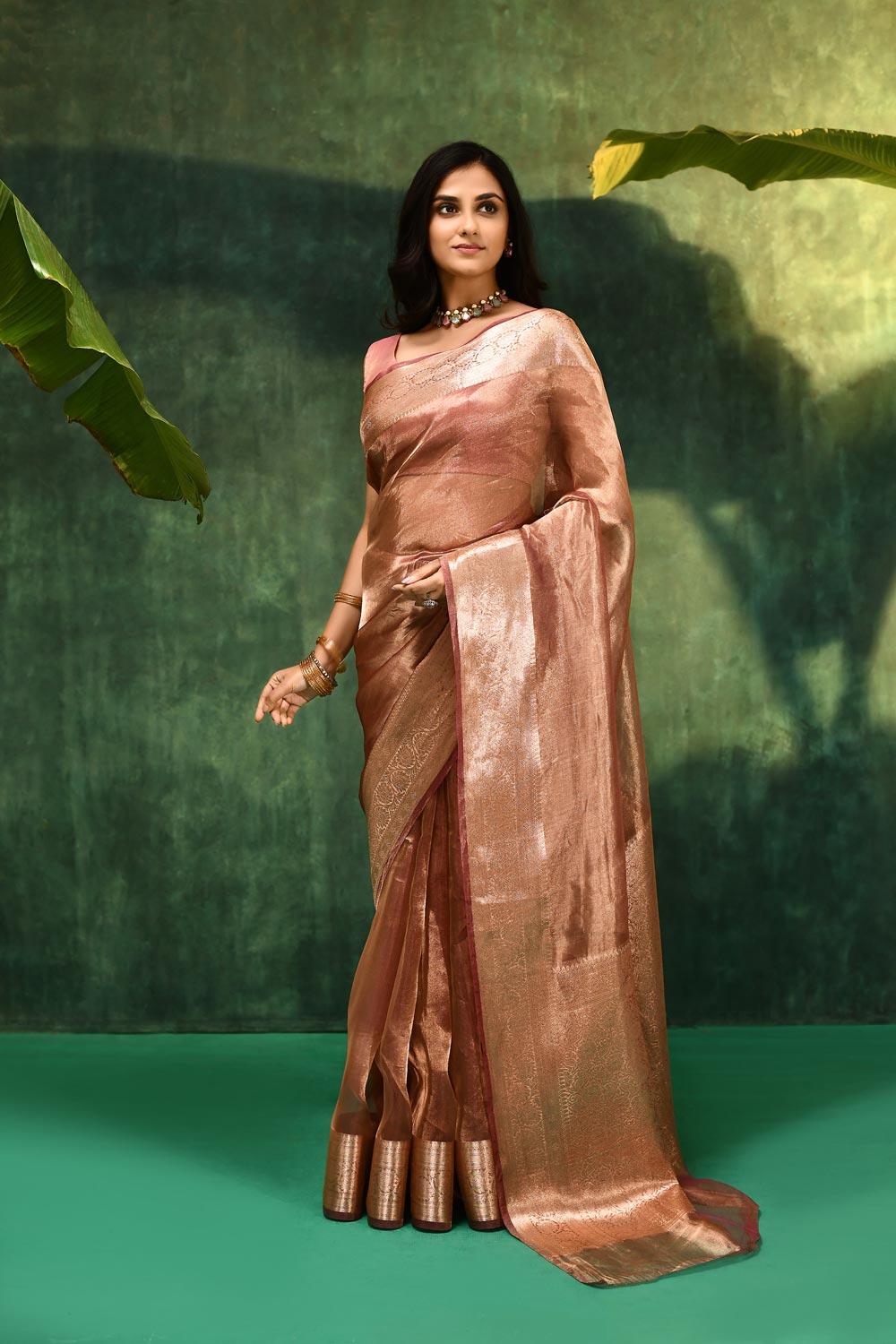 'Nargis' - Mauvish Pink Pure Diamond Iktara Tissue Banarasi Handloom Saree