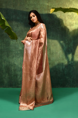 'Nargis' - Mauvish Pink Pure Diamond Iktara Tissue Banarasi Handloom Saree