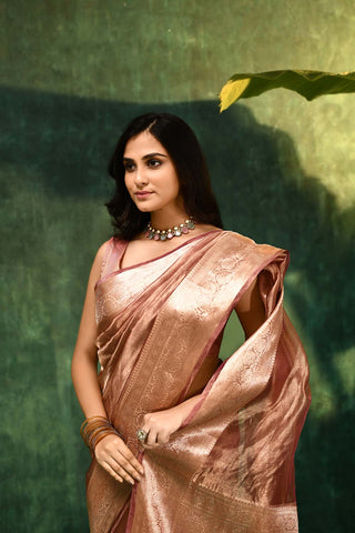 'Nargis' - Mauvish Pink Pure Diamond Iktara Tissue Banarasi Handloom Saree