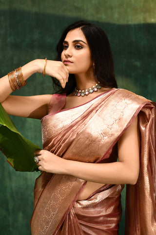 'Nargis' - Mauvish Pink Pure Diamond Iktara Tissue Banarasi Handloom Saree