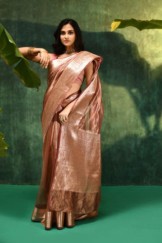 'Nargis' - Mauvish Pink Pure Diamond Iktara Tissue Banarasi Handloom Saree