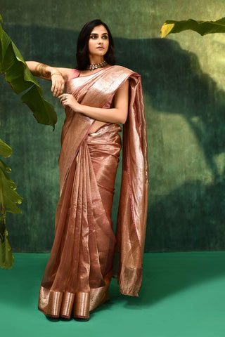 'Nargis' - Mauvish Pink Pure Diamond Iktara Tissue Banarasi Handloom Saree