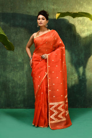 'Sarla'  Orange Pure Kora Organza Kadhua Banarasi Handloom Saree