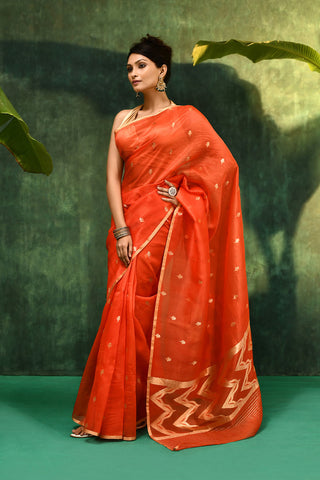 'Sarla'  Orange Pure Kora Organza Kadhua Banarasi Handloom Saree