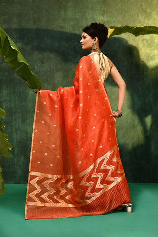 'Sarla'  Orange Pure Kora Organza Kadhua Banarasi Handloom Saree