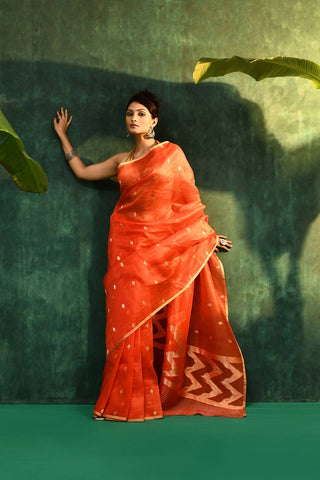 'Sarla'  Orange Pure Kora Organza Kadhua Banarasi Handloom Saree