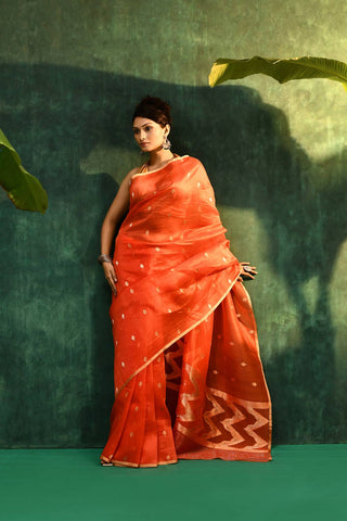 'Sarla'  Orange Pure Kora Organza Kadhua Banarasi Handloom Saree