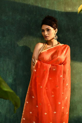 'Sarla'  Orange Pure Kora Organza Kadhua Banarasi Handloom Saree