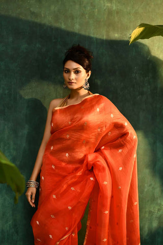 'Sarla'  Orange Pure Kora Organza Kadhua Banarasi Handloom Saree