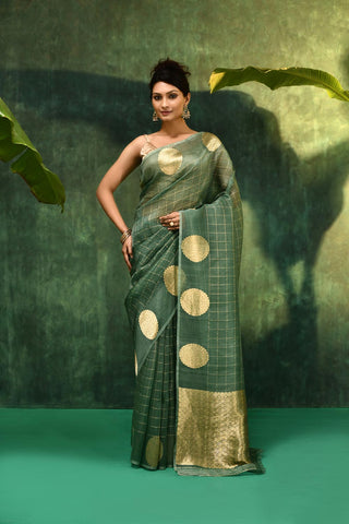 'Kamakshi' A shade Of Sage Green Pure Kora Organza Kadhua Banarasi Handloom Saree