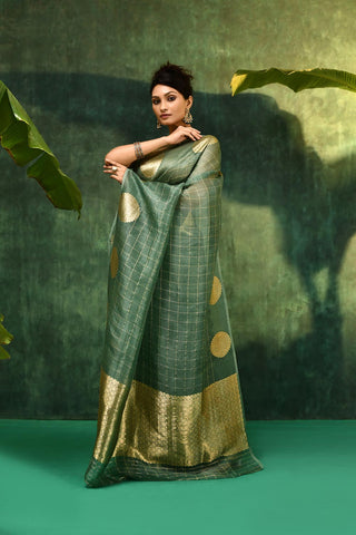 'Kamakshi' A shade Of Sage Green Pure Kora Organza Kadhua Banarasi Handloom Saree