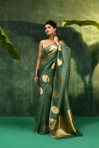 'Kamakshi' A shade Of Sage Green Pure Kora Organza Kadhua Banarasi Handloom Saree