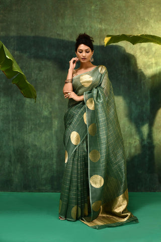 'Kamakshi' A shade Of Sage Green Pure Kora Organza Kadhua Banarasi Handloom Saree