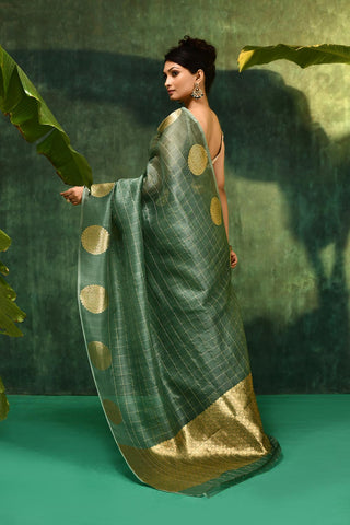 'Kamakshi' A shade Of Sage Green Pure Kora Organza Kadhua Banarasi Handloom Saree