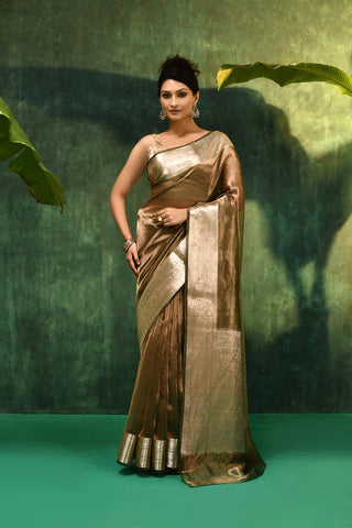 'Tara' Silver Diamond Green Pure Diamond Iktara Tissue Banarasi Handloom Saree