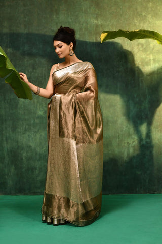 'Tara' Silver Diamond Green Pure Diamond Iktara Tissue Banarasi Handloom Saree