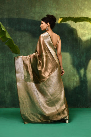 'Tara' Silver Diamond Green Pure Diamond Iktara Tissue Banarasi Handloom Saree