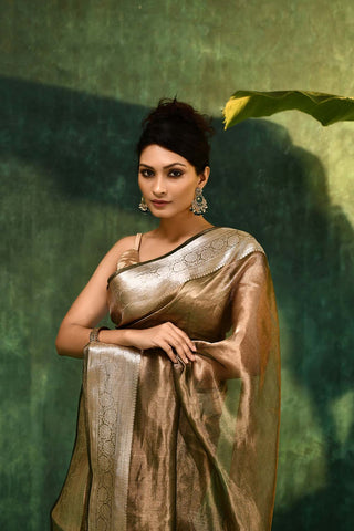 'Tara' Silver Diamond Green Pure Diamond Iktara Tissue Banarasi Handloom Saree