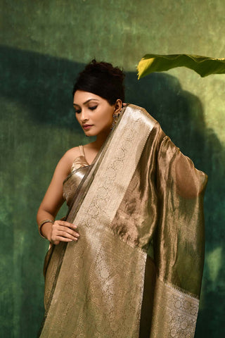 'Tara' Silver Diamond Green Pure Diamond Iktara Tissue Banarasi Handloom Saree