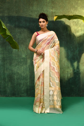 'Dhara' Ivory Pure Kora Organza Rangkat Banarasi Handloom Saree