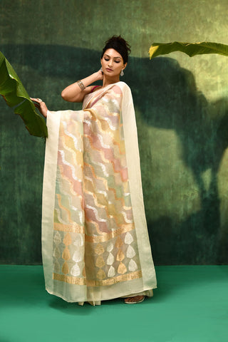 'Dhara' Ivory Pure Kora Organza Rangkat Banarasi Handloom Saree