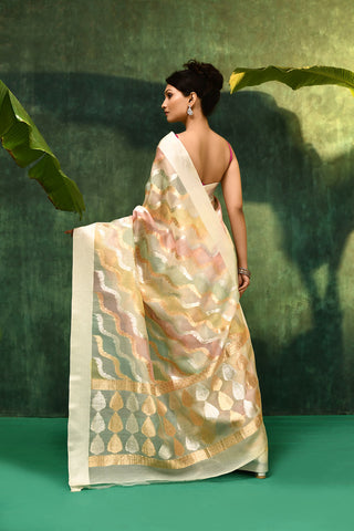 'Dhara' Ivory Pure Kora Organza Rangkat Banarasi Handloom Saree