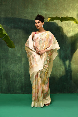 'Dhara' Ivory Pure Kora Organza Rangkat Banarasi Handloom Saree