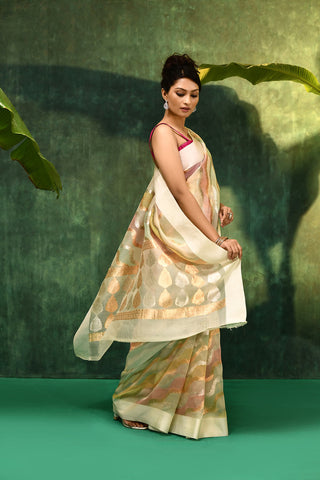 'Dhara' Ivory Pure Kora Organza Rangkat Banarasi Handloom Saree