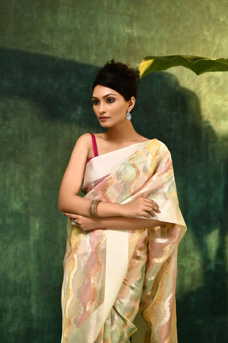 'Dhara' Ivory Pure Kora Organza Rangkat Banarasi Handloom Saree