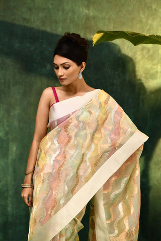 'Dhara' Ivory Pure Kora Organza Rangkat Banarasi Handloom Saree