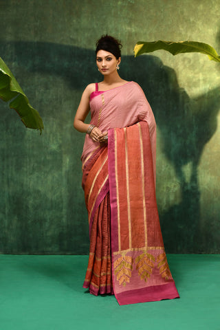 'Tarini' Rose Pink with Rust Brown Lilac on the edge Pure Tussar Banarasi Handloom Saree